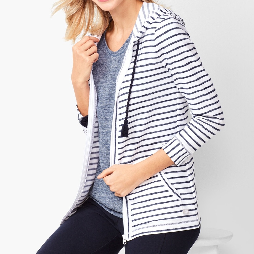 Sz XLP T by Talbots Three-Quarter Sleeve Striped Blue and White Terry Jacket